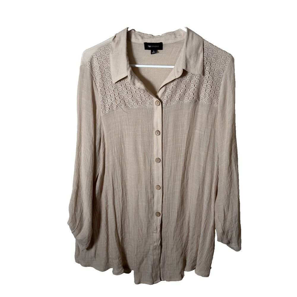 AB Studio Blouse Women's XL Beige Button Up Long Sleeve Collared Sheer Top